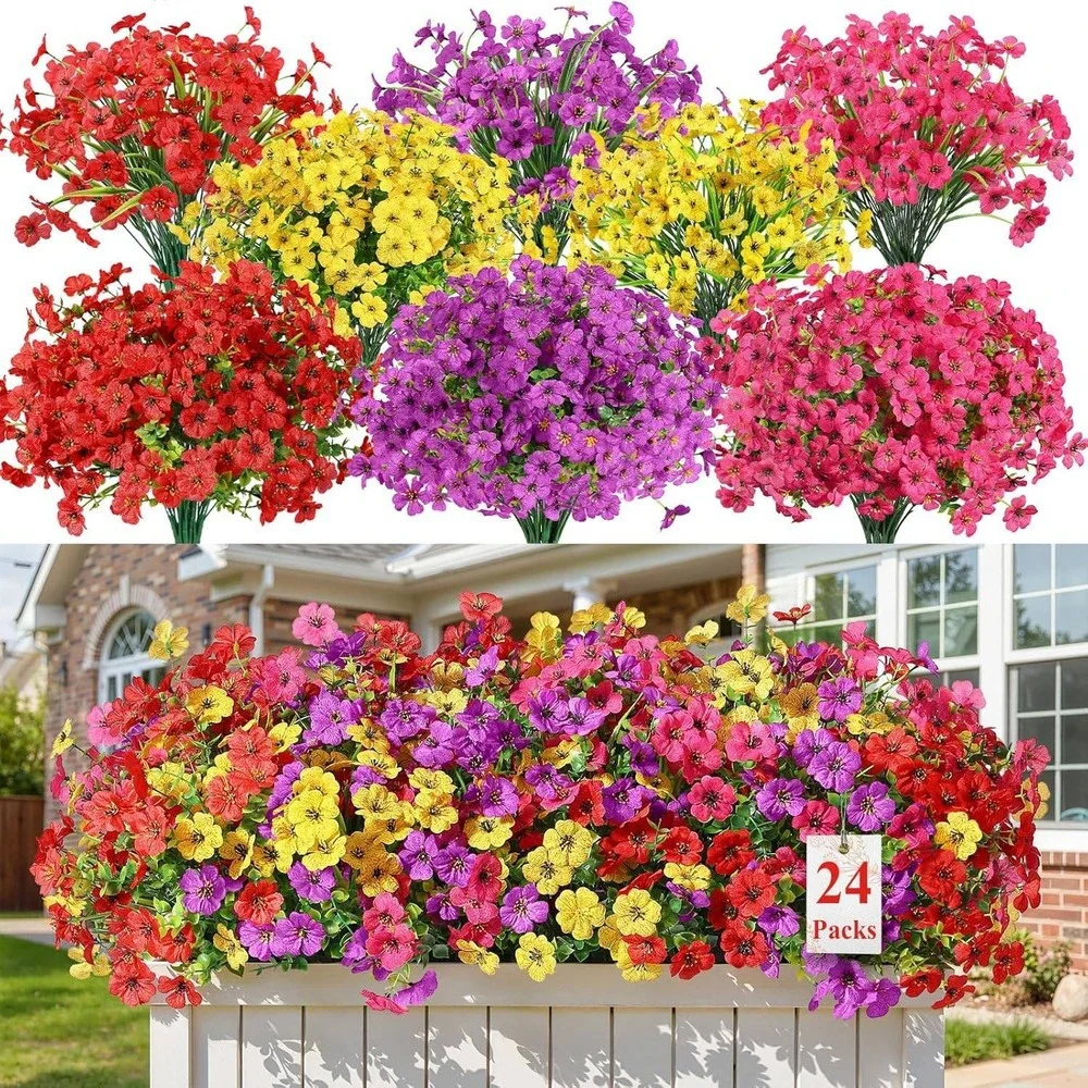 24 Packs Artificial Flowers Outdoor UV Resistant Faux Plastic Plants-Mix 4 Color